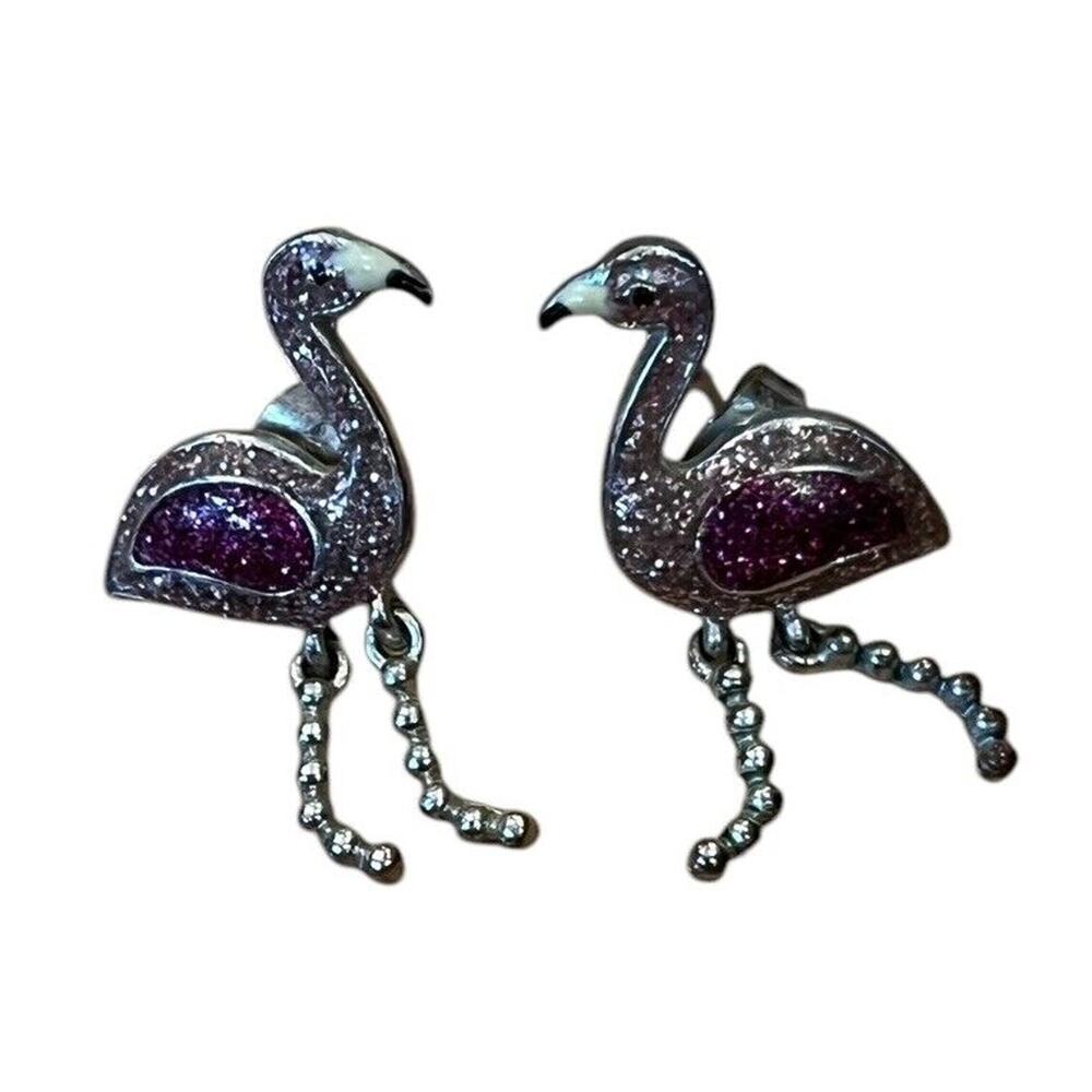 Pink Flamingo Earrings W/ Rhinestones Moveable Legs 1” Long